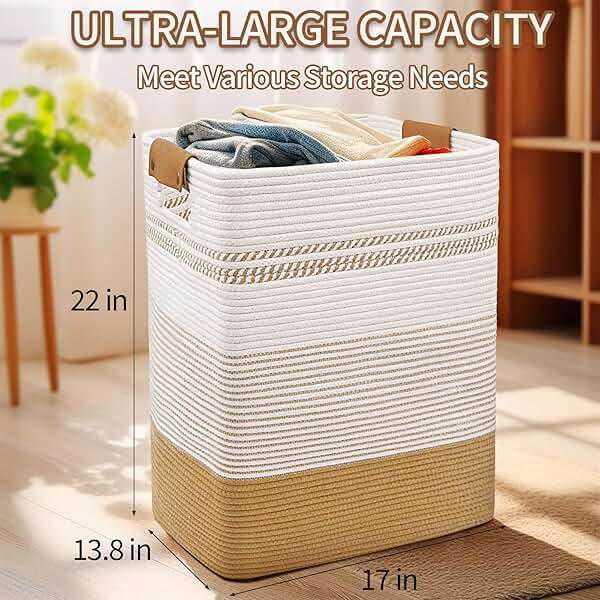 DOFASAYI Laundry Hamper - 85L Large Laundry Basket with Leather Handles, Decorative Storage Basket for Blankets - Clothes Hamper for Living Room, Bedroom, Jute & White - Image 3