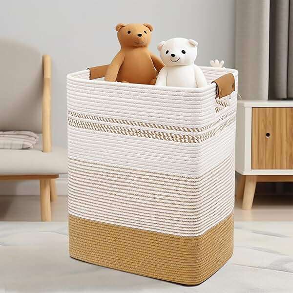 DOFASAYI Laundry Hamper - 85L Large Laundry Basket with Leather Handles, Decorative Storage Basket for Blankets - Clothes Hamper for Living Room, Bedroom, Jute & White - Image 4