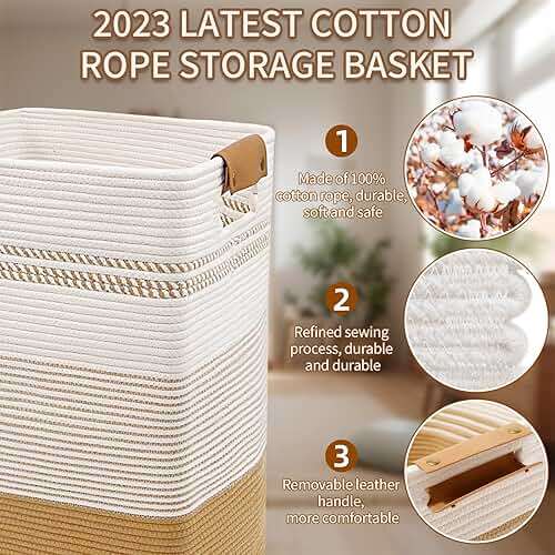 DOFASAYI Laundry Hamper - 85L Large Laundry Basket with Leather Handles, Decorative Storage Basket for Blankets - Clothes Hamper for Living Room, Bedroom, Jute & White - Image 7