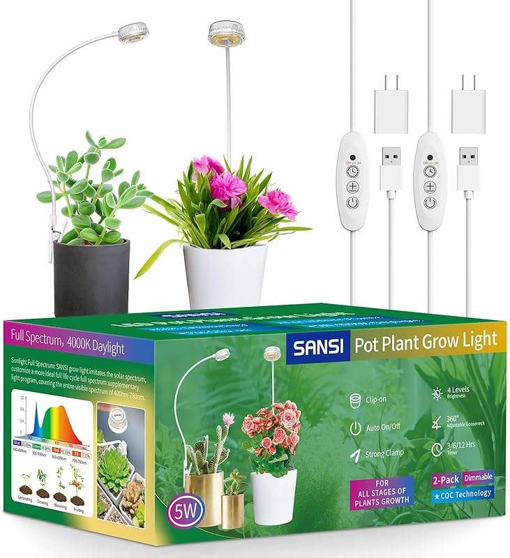 SANSI Grow Lights for Indoor Plants, ETL Listed Pot Clip LED Plant Lights for Indoor Growing, Full Spectrum, 4-Level Dimmable, Auto On Off 3 6 12 Hrs Timer for Small Plants, Garden White 5V 2-Pack - Image 1