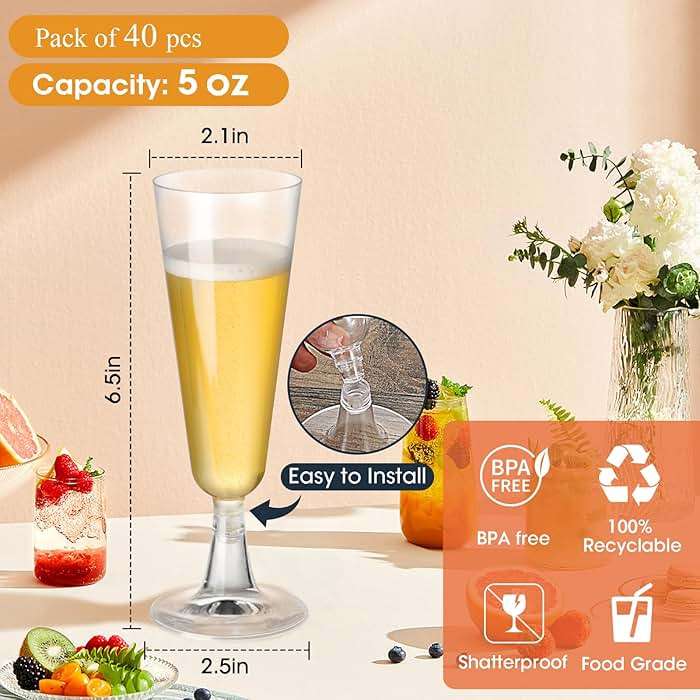 SUREHOME Plastic Champagne Flutes 40 Pack Disposable Champagne Glasses 5oz Clear Plastic Mimosa Glasses Wedding Cocktail Cups Bulk for New Years Eve Party Supplies 2026 Engagement Birthday Decorations - Image 3