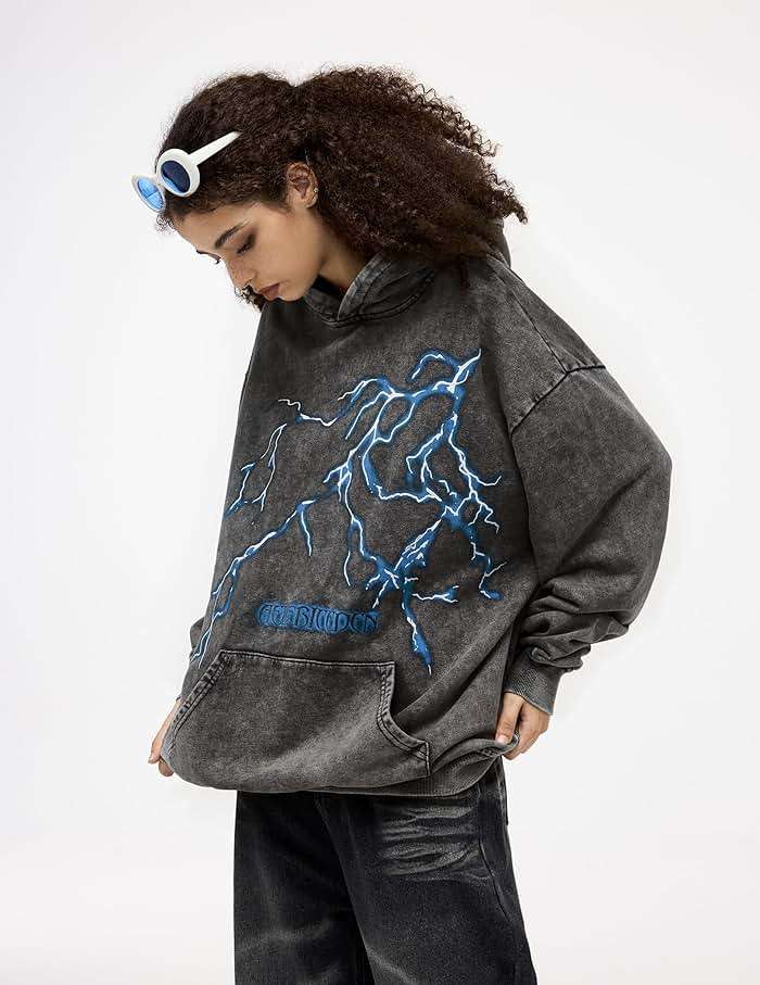 Aelfric Eden Mens Lightning Graphic Hoodies Print Oversized Unisex Streetwear Vintage Hoodie Y2k Sweatshirt Pocket Pullover - Image 3
