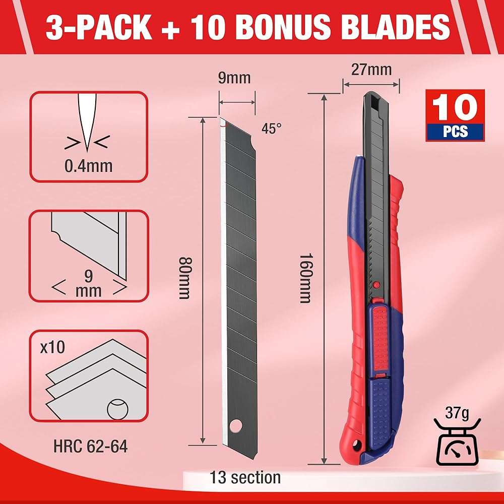 WORKPRO 2-In-1 Safety Utility Knife Retractable Snap-off blade, Metal Box Cutter Set, Razor Knife Exacto Craft Knives, with 10 Extra 9mm Blades, Pack of 3 - Image 2