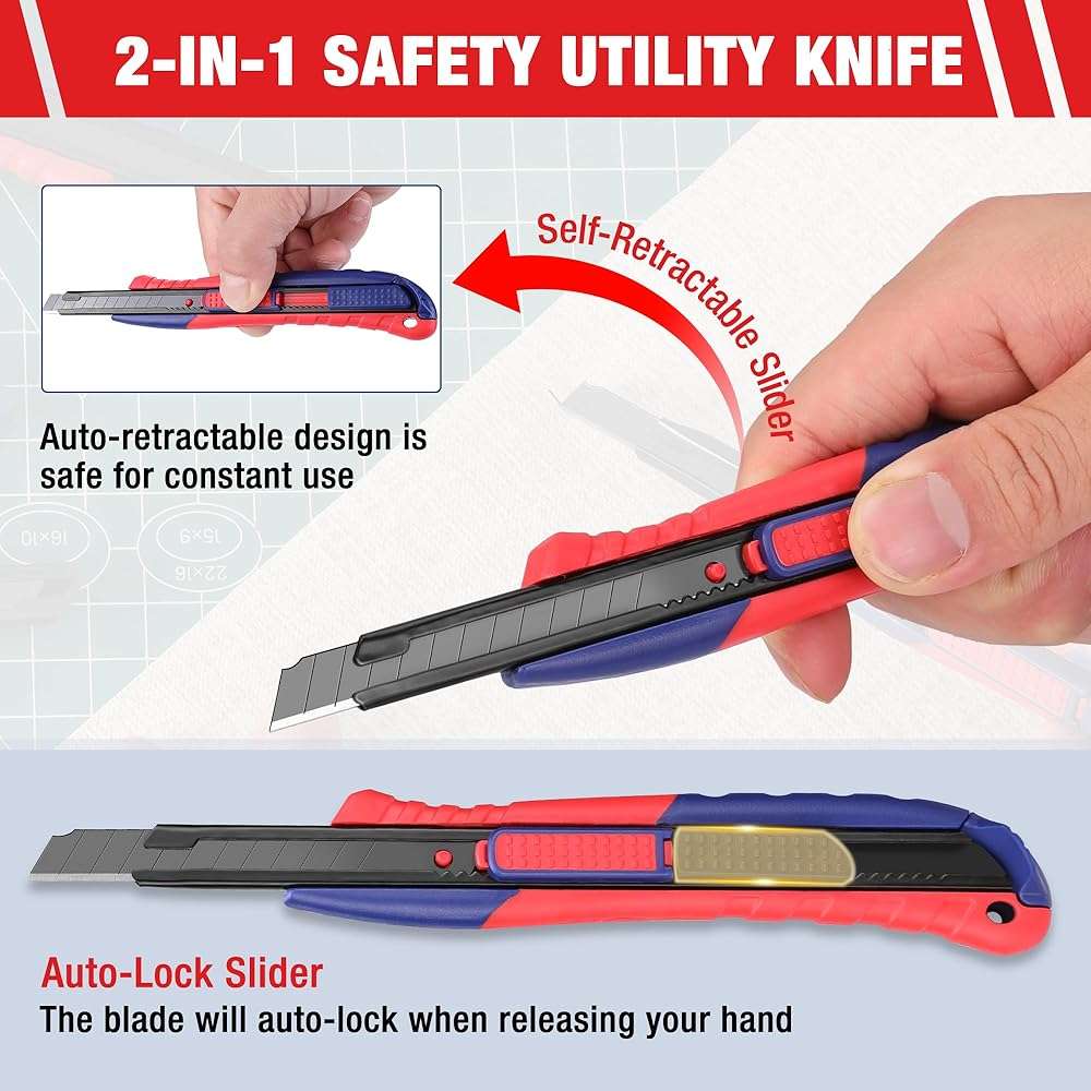 WORKPRO 2-In-1 Safety Utility Knife Retractable Snap-off blade, Metal Box Cutter Set, Razor Knife Exacto Craft Knives, with 10 Extra 9mm Blades, Pack of 3 - Image 3
