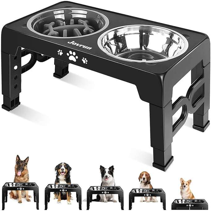 Jovrun Elevated Dog Bowls, Dog Feeder with Stainless Steel Dishes & Slow Feeder Bowl, 5 Heights Adjustable Raised Stand for Medium Large, Food Dishes with Non-Slip Feet - Image 1