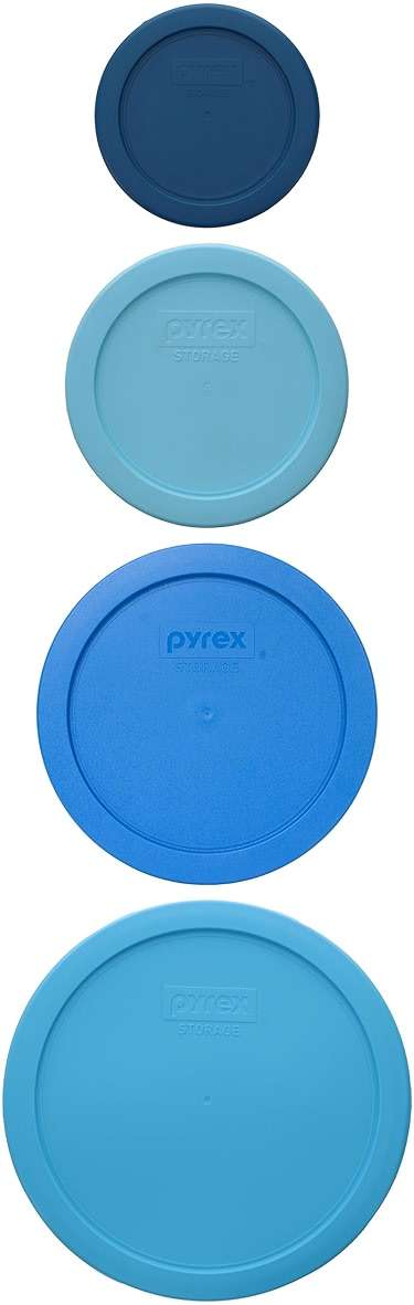 Pyrex (1) 7202-PC 1-Cup Blue Spruce, (1) 7200-PC 2-Cup Splash, (1) 7201-PC 4-Cup Marine, & (1) 7402-PC 6/7-Cup Bright Blue Pantone Lids - Made in USA - Image 1
