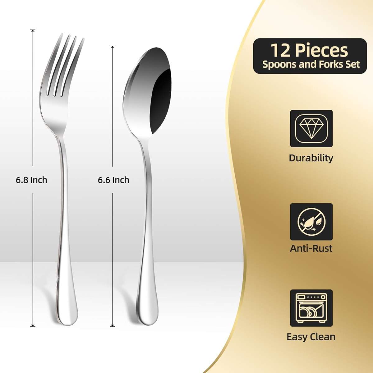 12 Pieces Spoons and Forks Set,Food Grade Stainless Steel Flatware Cutlery Set,6 Forks(6.8 inch) and 6 Spoons(6.6inch) Silverware Set for Home,Kitchen,Restaurant-Mirror Polished & Dishwasher Safe - Image 2