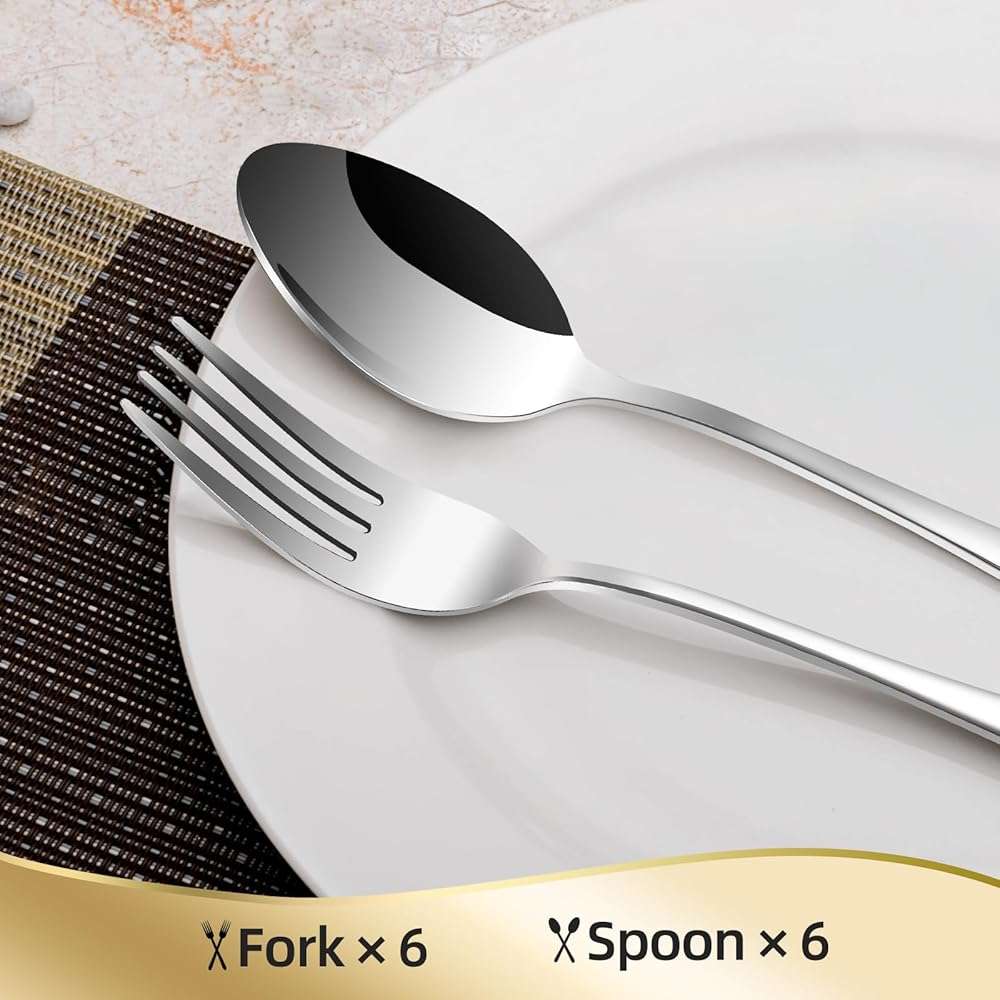 12 Pieces Spoons and Forks Set,Food Grade Stainless Steel Flatware Cutlery Set,6 Forks(6.8 inch) and 6 Spoons(6.6inch) Silverware Set for Home,Kitchen,Restaurant-Mirror Polished & Dishwasher Safe - Image 3