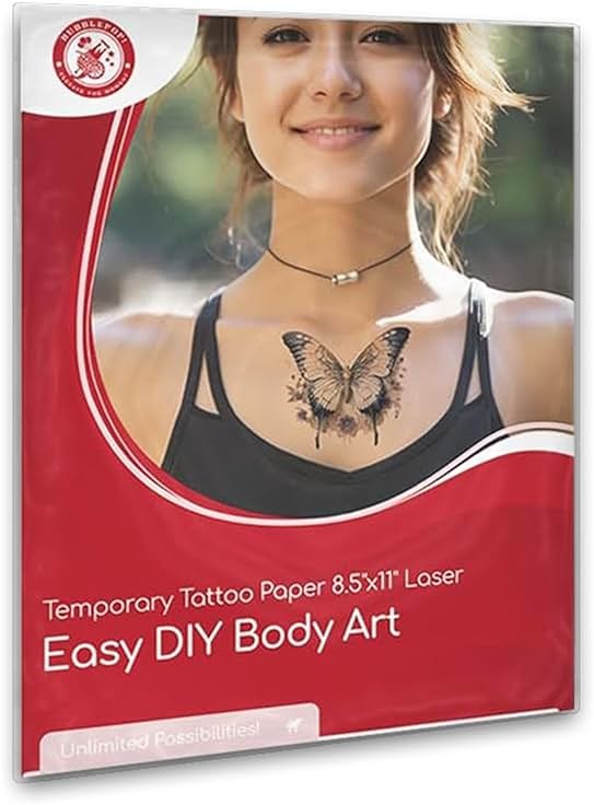 BubblePop! Printable Temporary Tattoo Paper for Laser Printer - Skin-Safe, Water-Resistant Tattoo Paper for Printer - Make Your Own Temporary Tattoos with Blank 8.5x11” Sheets - 10 Set - Product Image