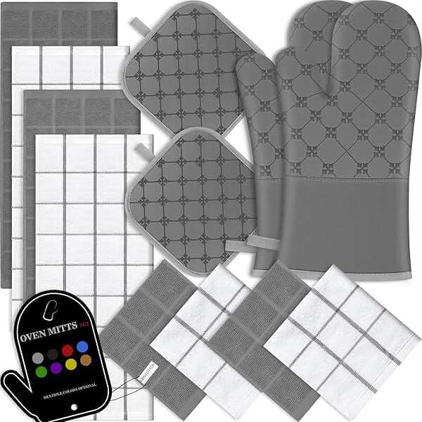 Oven Mitts Kitchen Towels Dishcloths with Pot Holders Sets 12PCS, Dish Towels Sets, Oven Gloves Pot Pads Heat Resistant 500 Degrees with Non-Slip Silicone Surface for Cooking Baking Grilling-Grey - Image 1