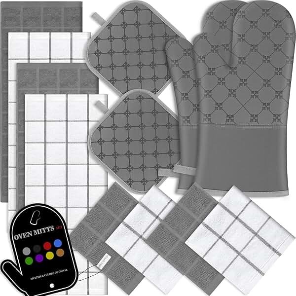 Oven Mitts Kitchen Towels Dishcloths with Pot Holders Sets 12PCS, Dish Towels Sets, Oven Gloves Pot Pads Heat Resistant 500 Degrees with Non-Slip Silicone Surface for Cooking Baking Grilling-Grey - Product Image