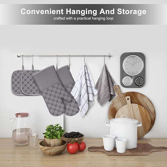 Oven Mitts Kitchen Towels Dishcloths with Pot Holders Sets 12PCS, Dish Towels Sets, Oven Gloves Pot Pads Heat Resistant 500 Degrees with Non-Slip Silicone Surface for Cooking Baking Grilling-Grey - Image 2