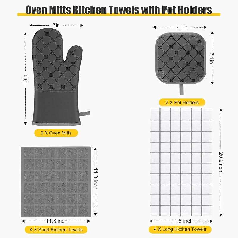 Oven Mitts Kitchen Towels Dishcloths with Pot Holders Sets 12PCS, Dish Towels Sets, Oven Gloves Pot Pads Heat Resistant 500 Degrees with Non-Slip Silicone Surface for Cooking Baking Grilling-Grey - Image 3