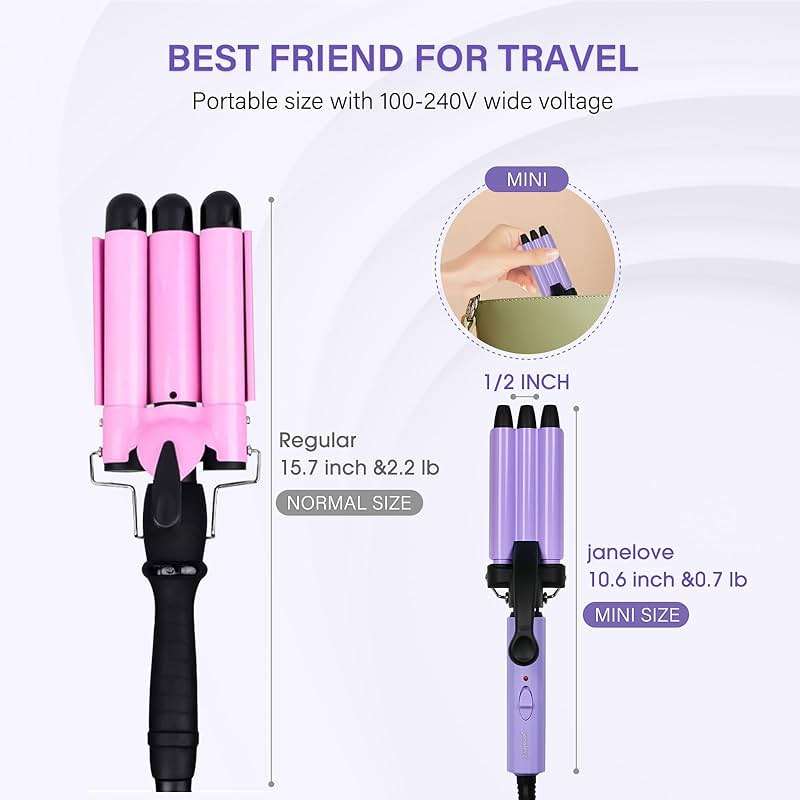 Mini Hair Crimper, janelove 1/2 Inch Beach Waves Curling Iron, Hair Waver for Short & Medium with 3 Ceramic Barrels, Home and Travel Friendly Crimper Hair Tool, Dual Voltage, 392℉ Fast Heating - Image 2