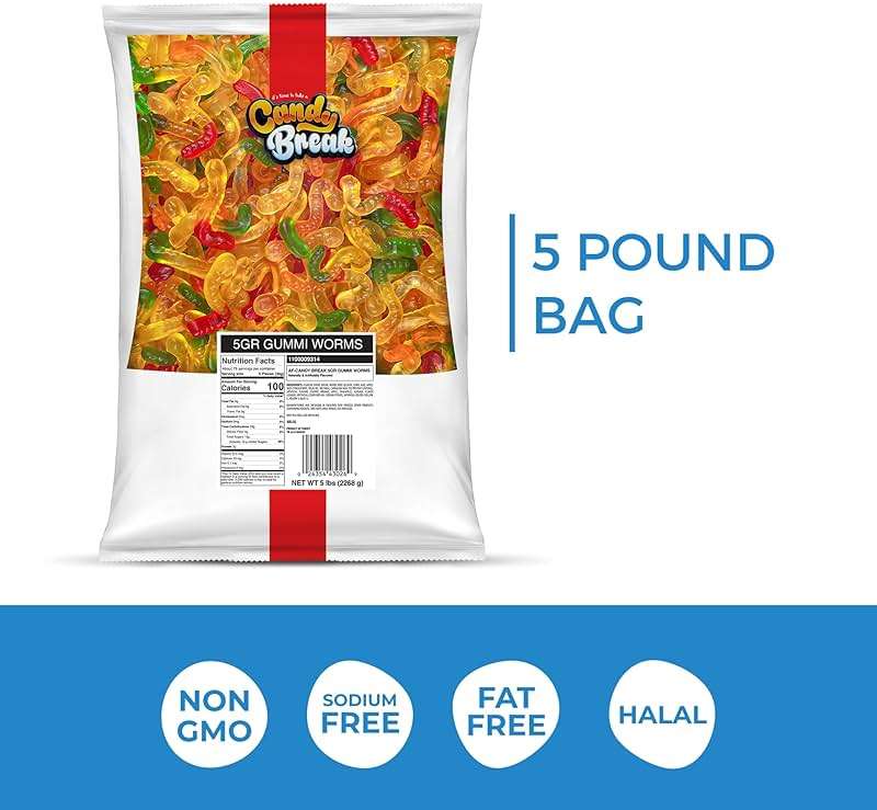 Candy Break Fruity & Sweet Gummy Worms, Assorted Fruit Flavors Bulk Candy, Chewy Gummies Snack for Kids & Adults, 5 lb Share Size Bag, Pack of 1 - Image 5
