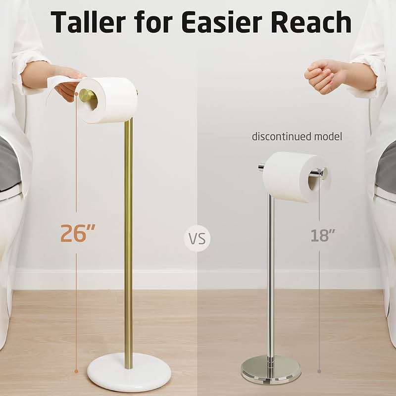 KES Extra High Gold Toilet Paper Holder Freestanding 26", Toilet Paper Holder Stand with Natural Marble Base, Floor Free StandingToilet Paper Holder 18/8 Stainless Steel Brushed Gold, BPH284S66-BZ - Image 4