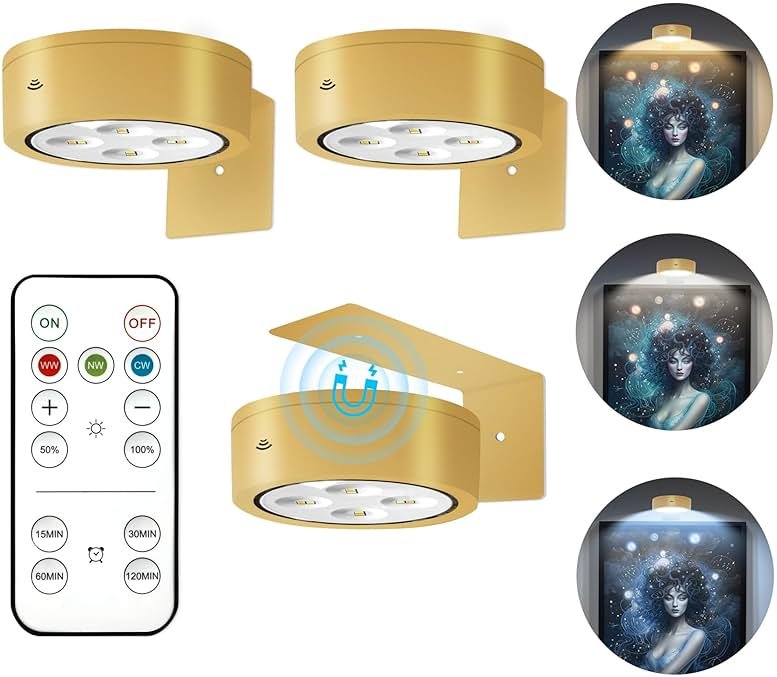 3Pcs Battery Operated Picture Light, Magnetic Led Painting Light with Remote Dimmable and Timer, 3 Lighting Modes Art Display Light for Picture Frame Paintings, Wireless Wall Decor Puck Lights, Gold - Product Image