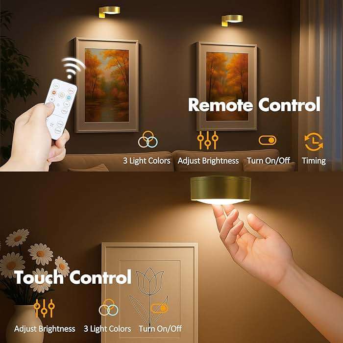 3Pcs Battery Operated Picture Light, Magnetic Led Painting Light with Remote Dimmable and Timer, 3 Lighting Modes Art Display Light for Picture Frame Paintings, Wireless Wall Decor Puck Lights, Gold - Image 5