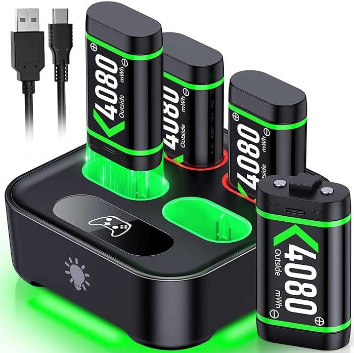 Upgraded Fast Charging Rechargeable Battery Packs with Light Control, 4x4080mWh Xbox Controller Batteries with Charger Dock for Xbox Series X|S, One S/X/Elite Controllers,Cases and Storage Sets - Image 1