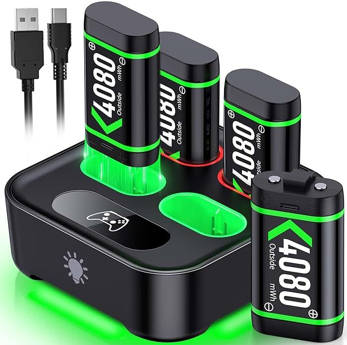 Upgraded Fast Charging Rechargeable Battery Packs with Light Control, 4x4080mWh Xbox Controller Batteries with Charger Dock for Xbox Series X|S, One S/X/Elite Controllers,Cases and Storage Sets - Product Image