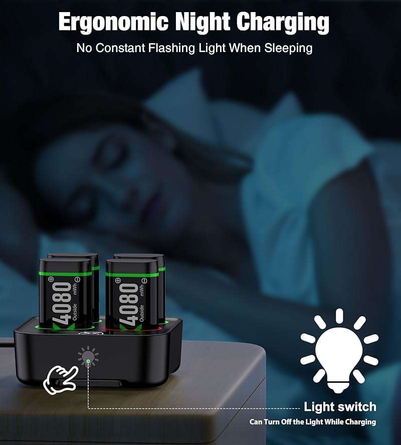 Upgraded Fast Charging Rechargeable Battery Packs with Light Control, 4x4080mWh Xbox Controller Batteries with Charger Dock for Xbox Series X|S, One S/X/Elite Controllers,Cases and Storage Sets - Image 6