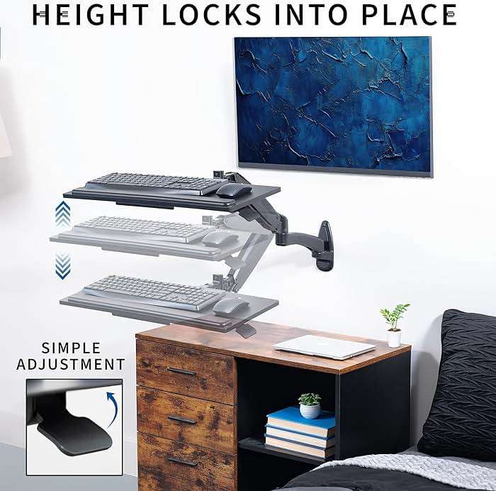 VIVO Sit-Stand 24 Inch Pneumatic Spring Keyboard and Mouse Tray Wall Mount, Counterbalance Height Adjustable Typing Platform, Ergonomic Tilt, Black, MOUNT-KB35B - Image 4