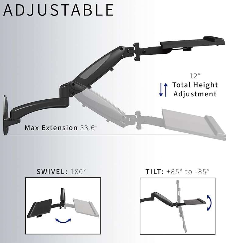 VIVO Sit-Stand 24 Inch Pneumatic Spring Keyboard and Mouse Tray Wall Mount, Counterbalance Height Adjustable Typing Platform, Ergonomic Tilt, Black, MOUNT-KB35B - Image 5