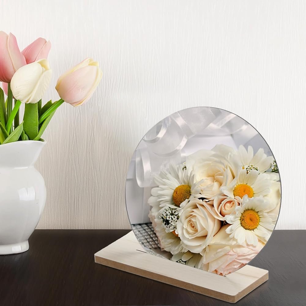 Irregular Aesthetic Vanity Mirror, Frameless Acrylic Decorative Desk Tabletop Mirror with Wooden Stand Funky Makeup Mirror for Living Room Bedroom and Minimal Spaces Home Decor (Round) - Product Image