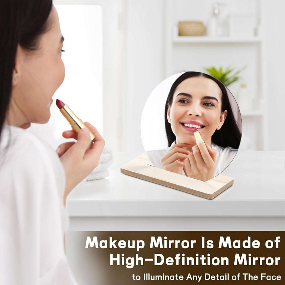 Irregular Aesthetic Vanity Mirror, Frameless Acrylic Decorative Desk Tabletop Mirror with Wooden Stand Funky Makeup Mirror for Living Room Bedroom and Minimal Spaces Home Decor (Round) - Image 4