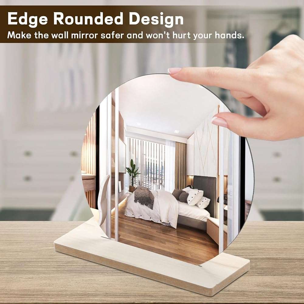 Irregular Aesthetic Vanity Mirror, Frameless Acrylic Decorative Desk Tabletop Mirror with Wooden Stand Funky Makeup Mirror for Living Room Bedroom and Minimal Spaces Home Decor (Round) - Image 6