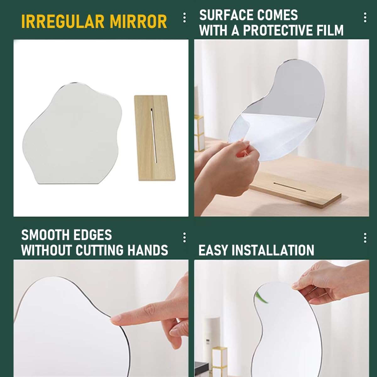 Irregular Aesthetic Vanity Mirror, Frameless Acrylic Decorative Desk Tabletop Mirror with Wooden Stand Funky Makeup Mirror for Living Room Bedroom and Minimal Spaces Home Decor (Round) - Image 8