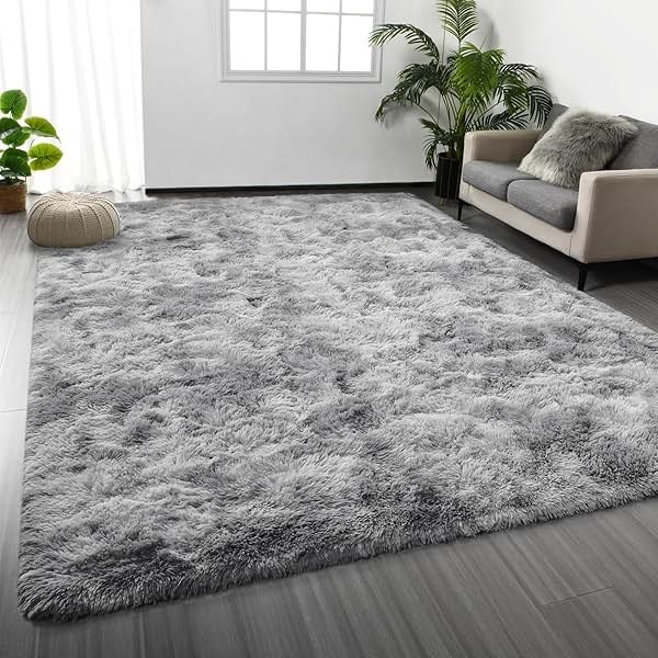 Deerhoo Large Shag Area Rugs 6 x 9, Tie-Dyed Plush Fuzzy Rug for Living Room, Ultra Soft Fluffy Furry Rugs for Bedroom, Indoor Carpet Nursery Rugs for Kids Room Home Decor, Light Grey - Product Image