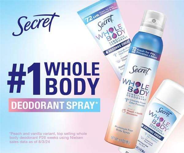 Secret Whole Body Deodorant Cream for Women, Peach & Vanilla Blossom Scent, Aluminum Free Deodorant, 72 HR Odor Protection, 3.0 oz - Image 2