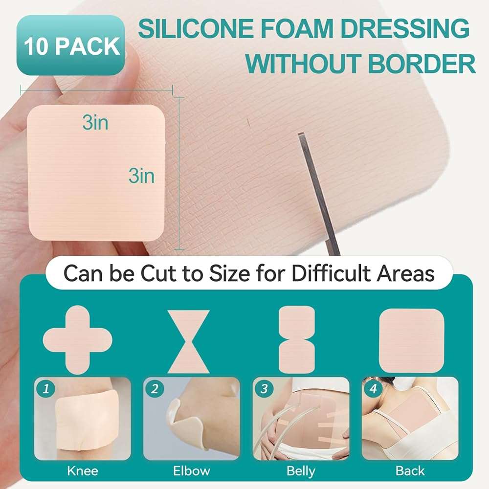 Dimora Silicone Foam Dressing Without Border 10 Pack- 3"x 3" Highly Absorbent Adhesive Waterproof Bandages for Wounds, Cuttable Pads for Wound Care and Dressings - Image 4