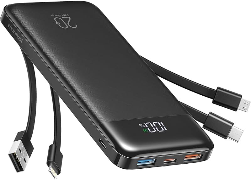 charmast 20000mAh Portable Charger with Built in Cables, 22.5W Travel Power Bank Fast Charging, USB C Cell Phone Battery Pack for iPhone 17/16/15/14/13/12 Series, iPad, Samsung, Android, Tablet - Product Image