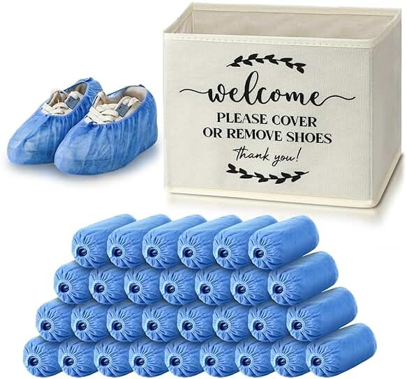 Suzile 200 Pack Disposable Shoe Covers with Dispenser Box Waterproof Disposable Non Slip Shoe Booties Foot Covers with Storage Box for Guests Indoor Open House Supplies(Beige) - Product Image