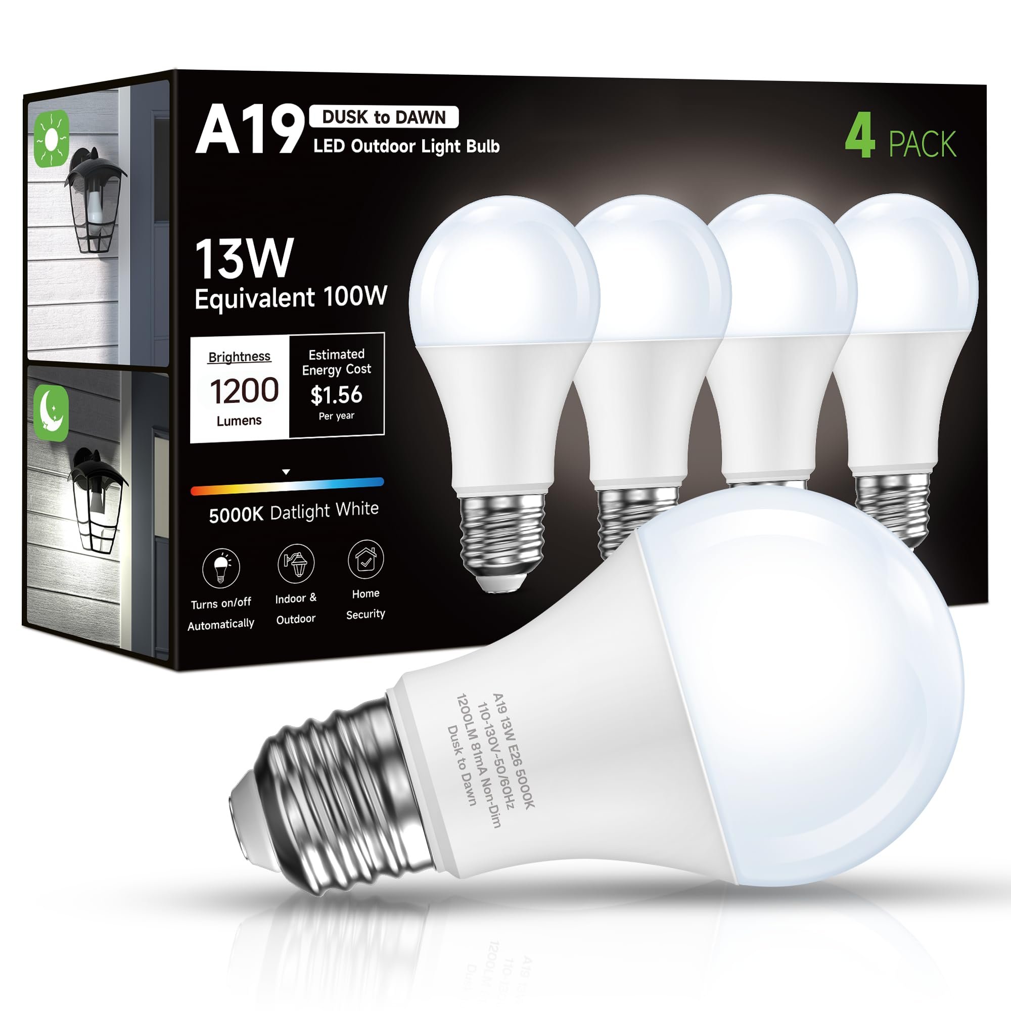 Eastiya Dusk to Dawn Sensor LED Outdoor Light Bulb, Daylight White 5000K, A19 13W(100 Watt Equivalent) Bright Porch Lighting, 1200LM, Auto-On/Off Photocell Sensor for Garage Yard Patio Garden-4 Pack - Product Image