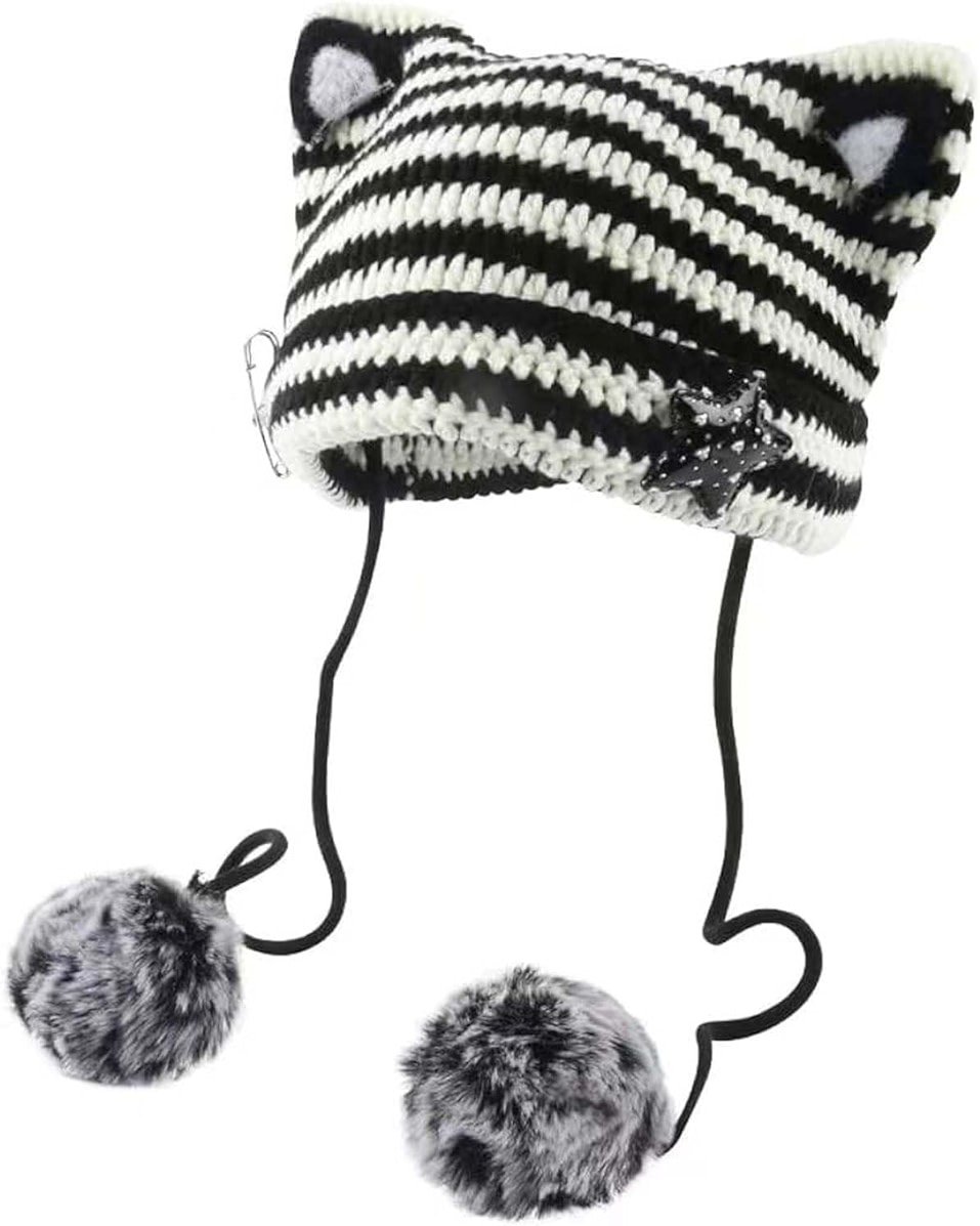 Y2k Beanie Cat Ear Gyaru Acubi Devil Crochet Hats Cute Kawaii Star Grunge Aesthetic Pompoms Cutecore Y2k Harajuku Clothes - Product Image