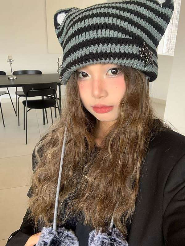 Y2k Beanie Cat Ear Gyaru Acubi Devil Crochet Hats Cute Kawaii Star Grunge Aesthetic Pompoms Cutecore Y2k Harajuku Clothes - Image 3