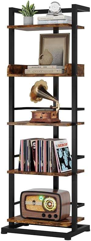 Hosfais Book Shelf Narrow Bookshelf: 5 Tier Wood Bookcase with Metal Edge Protection Industrial Modern Bookshelf Book Storage Organizer for Living Room Bedroom Home Office (Rustic Brown) - Image 1
