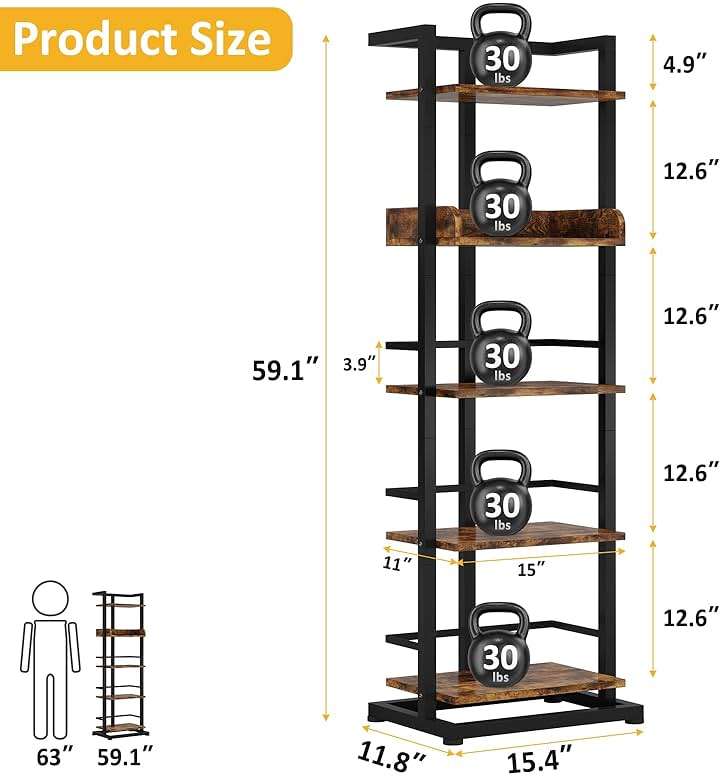 Hosfais Book Shelf Narrow Bookshelf: 5 Tier Wood Bookcase with Metal Edge Protection Industrial Modern Bookshelf Book Storage Organizer for Living Room Bedroom Home Office (Rustic Brown) - Image 4