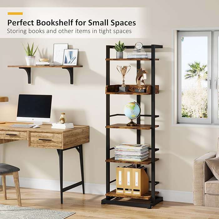 Hosfais Book Shelf Narrow Bookshelf: 5 Tier Wood Bookcase with Metal Edge Protection Industrial Modern Bookshelf Book Storage Organizer for Living Room Bedroom Home Office (Rustic Brown) - Image 7