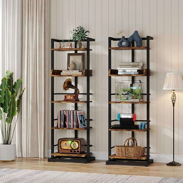 Hosfais Book Shelf Narrow Bookshelf: 5 Tier Wood Bookcase with Metal Edge Protection Industrial Modern Bookshelf Book Storage Organizer for Living Room Bedroom Home Office (Rustic Brown) - Image 8