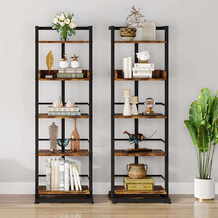 Hosfais Book Shelf Narrow Bookshelf: 5 Tier Wood Bookcase with Metal Edge Protection Industrial Modern Bookshelf Book Storage Organizer for Living Room Bedroom Home Office (Rustic Brown) - Image 9