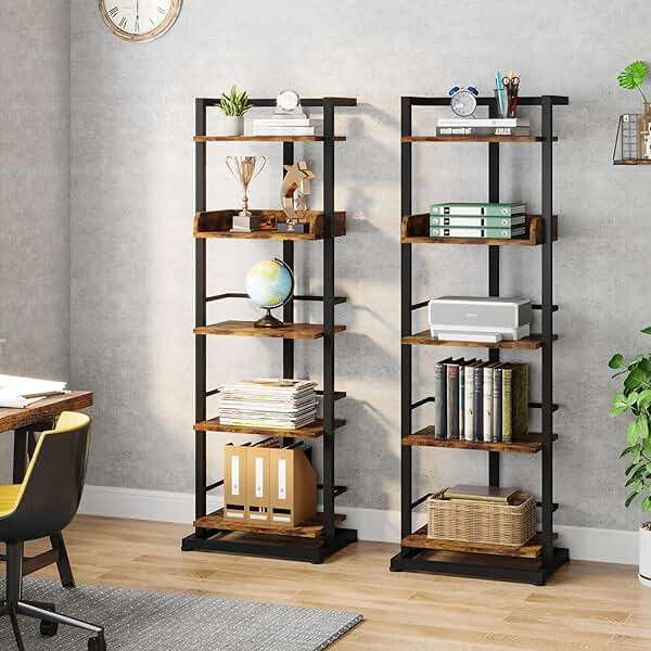 Hosfais Book Shelf Narrow Bookshelf: 5 Tier Wood Bookcase with Metal Edge Protection Industrial Modern Bookshelf Book Storage Organizer for Living Room Bedroom Home Office (Rustic Brown) - Image 10