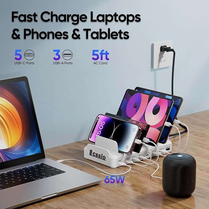 300W Charging Station for Multiple Devices, 8 Port Multi USB C Fast Charger Station Dock for MacBook iPhone 17/16/15/14/13/12 Samsung Pixel Series iPad, White (6 Mixed Short Cables Included) - Image 2