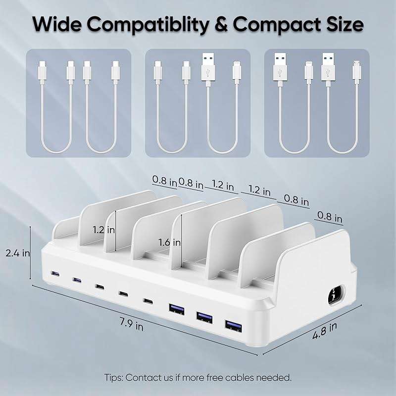 300W Charging Station for Multiple Devices, 8 Port Multi USB C Fast Charger Station Dock for MacBook iPhone 17/16/15/14/13/12 Samsung Pixel Series iPad, White (6 Mixed Short Cables Included) - Image 5