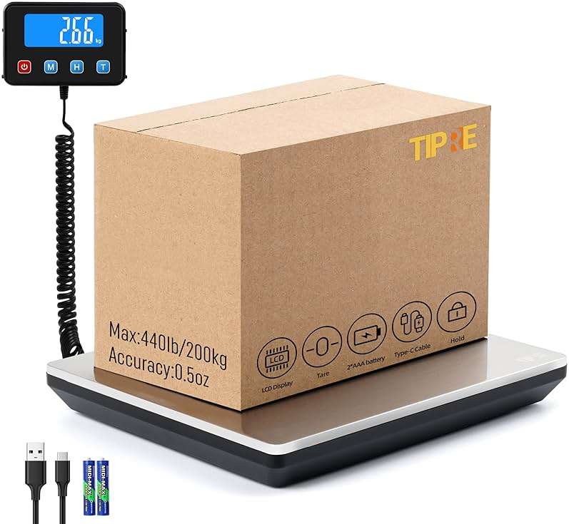 TIPRE Shipping Scale 440lbs for Packages, Heavy Duty Digital Postal Scale with LCD Display 0.35 oz High Precision Express Scale with Type-C Charging & Batteries Smart Hold/Tare for Small Business Home - Image 1