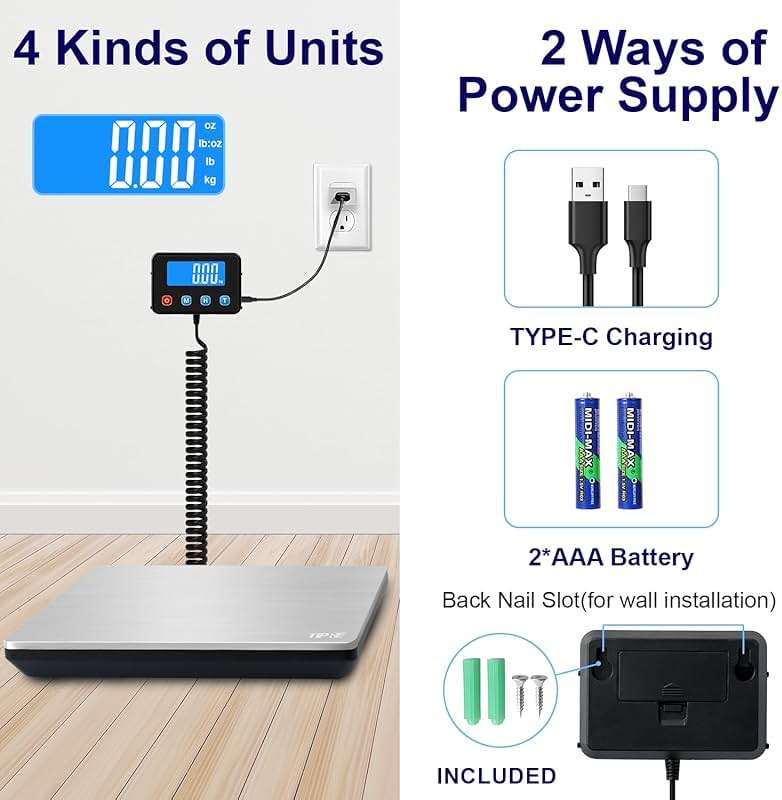 TIPRE Shipping Scale 440lbs for Packages, Heavy Duty Digital Postal Scale with LCD Display 0.35 oz High Precision Express Scale with Type-C Charging & Batteries Smart Hold/Tare for Small Business Home - Image 6