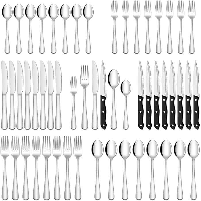 EUIRIO 48-Piece Silverware Set With Steak Knives, Heavy Duty Stainless Steel Flatware for 8, Food-Grade Tableware Cutlery, Utensils for Home Restaurant, Mirror Finish, Dishwasher Safe - Image 1